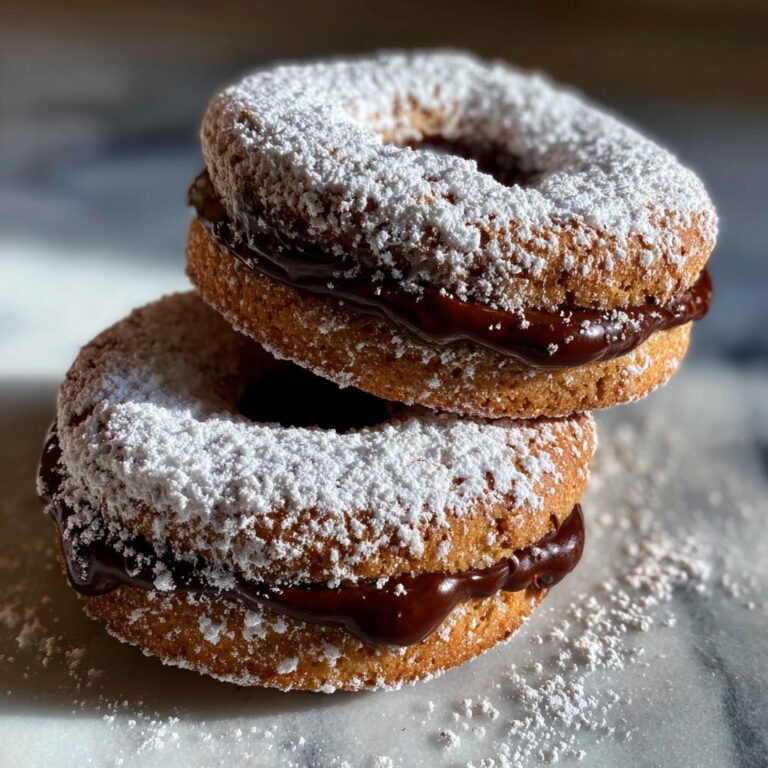 Zwei gestapelte Schoko-Engelsaugen, gefüllt mit dunkler Schokoladencreme und großzügig mit Puderzucker bestäubt.