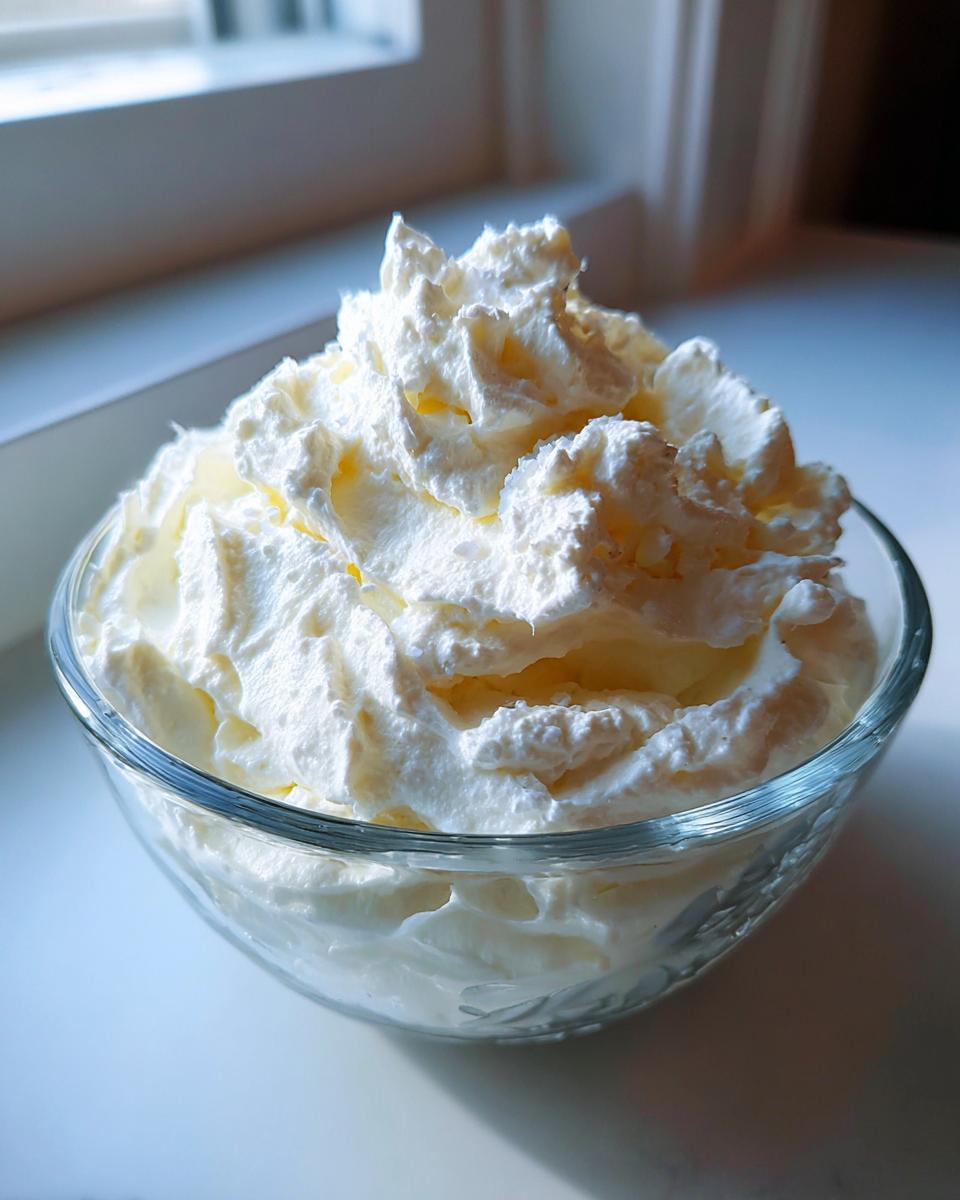 Nahaufnahme einer Glasschüssel gefüllt mit luftiger, weißer ZAUBERCREME, die auf einer hellen Oberfläche steht.