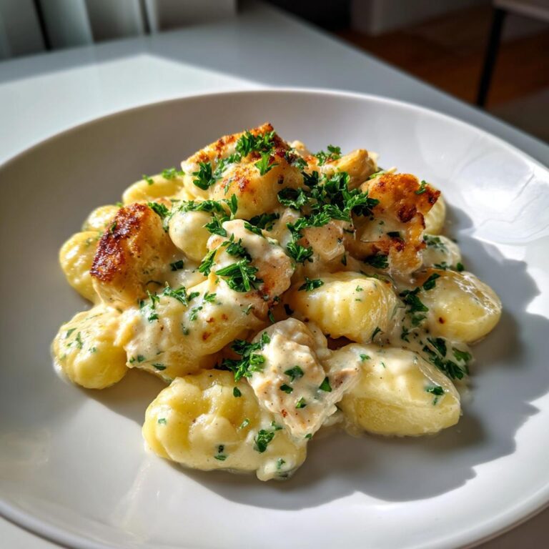 A close-up of creamy Gnocchi z Kurczakiem topped with pan-seared chicken pieces and fresh parsley.