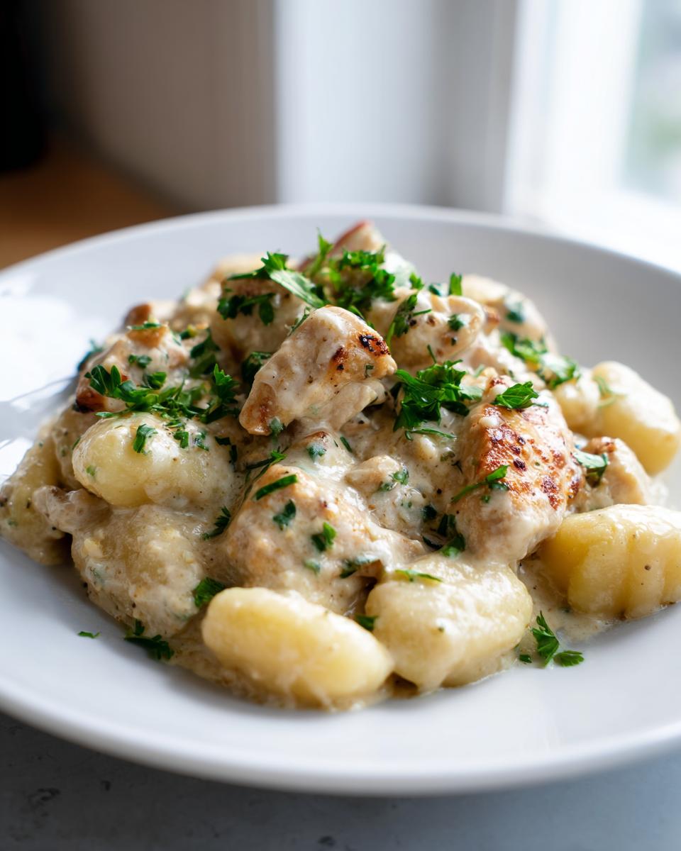 Close-up of Gnocchi z Kurczakiem served in a creamy sauce and garnished with fresh parsley.