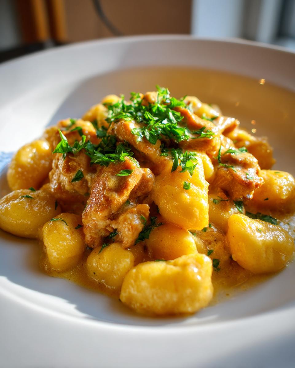 Close-up of Gnocchi z Kurczakiem served in a creamy sauce and topped with fresh chopped parsley.