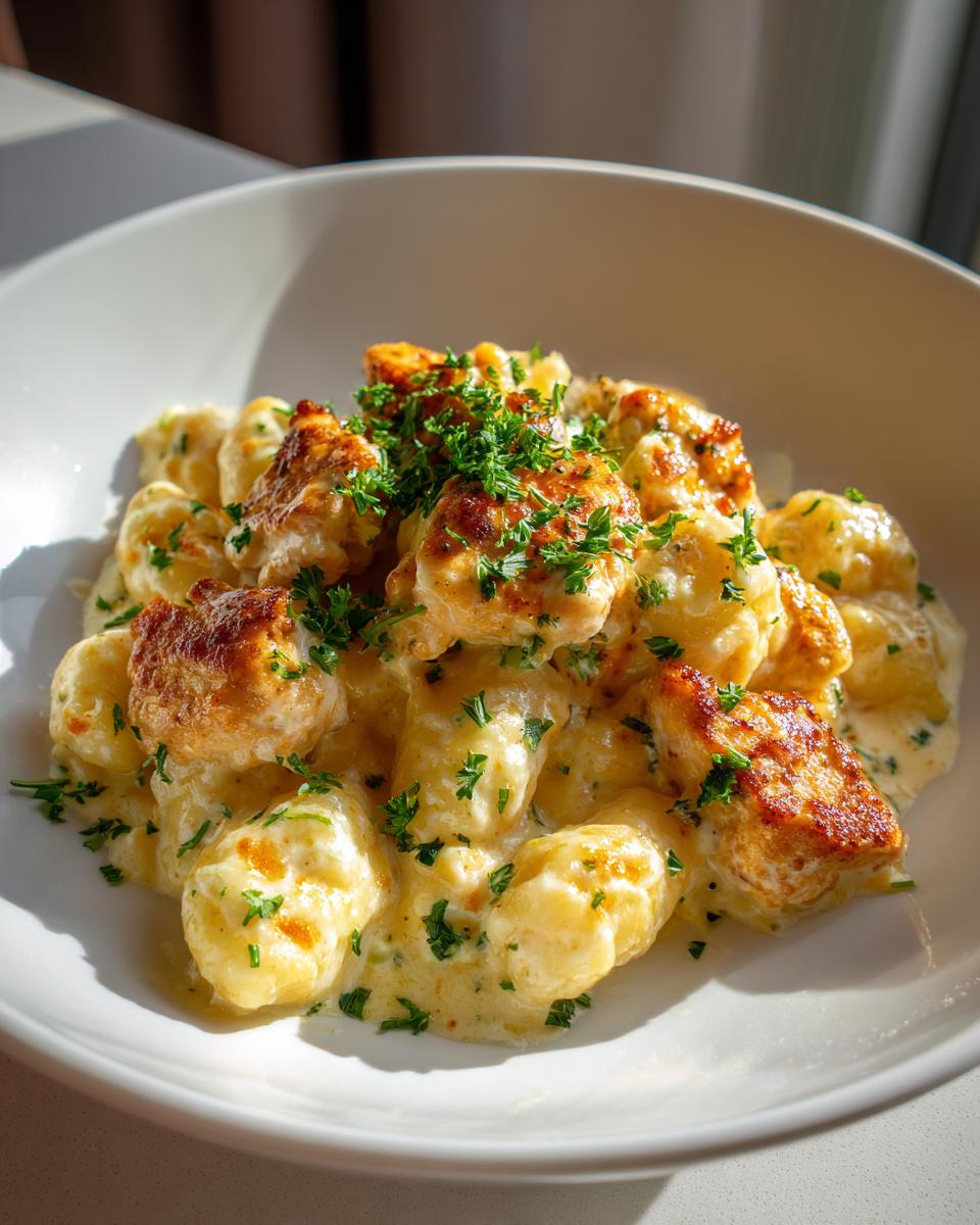 A close-up of creamy Gnocchi z Kurczakiem topped with pan-seared chicken pieces and fresh parsley.
