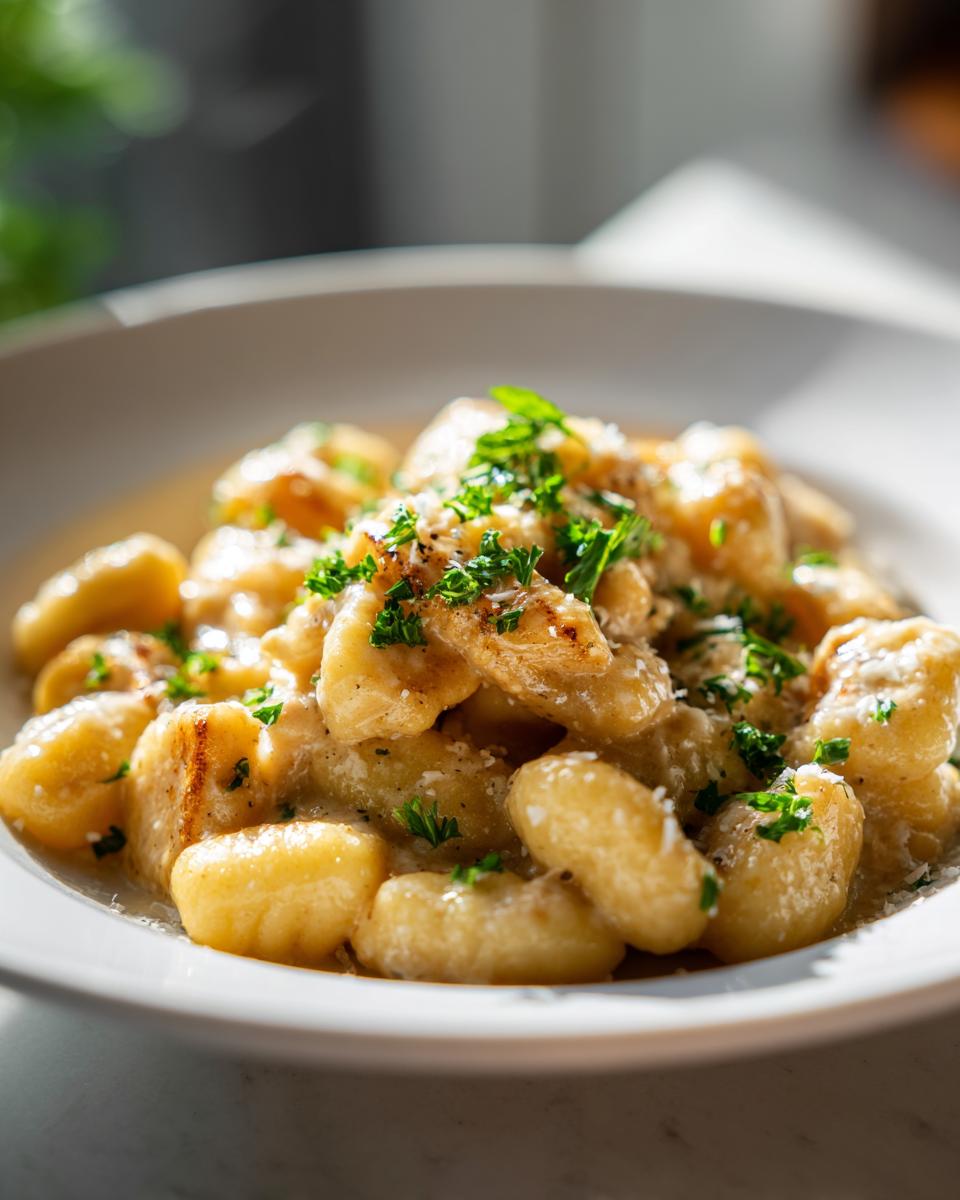Close-up of creamy Gnocchi z Kurczakiem garnished with fresh parsley and grated cheese.