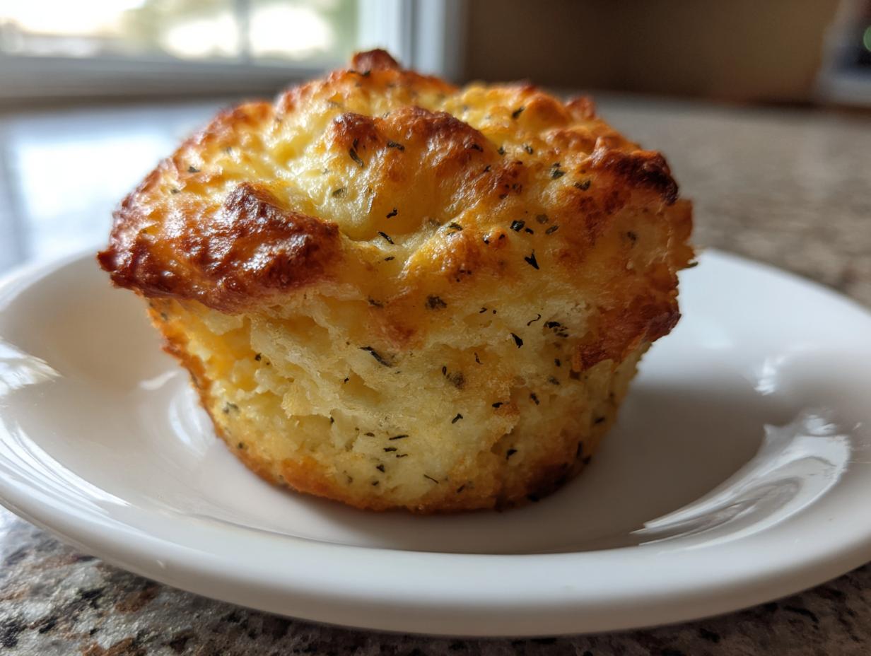 Nahaufnahme eines goldbraunen, herzhaften Zwiebelkuchen Muffins mit Kräutern auf einem kleinen weißen Teller.