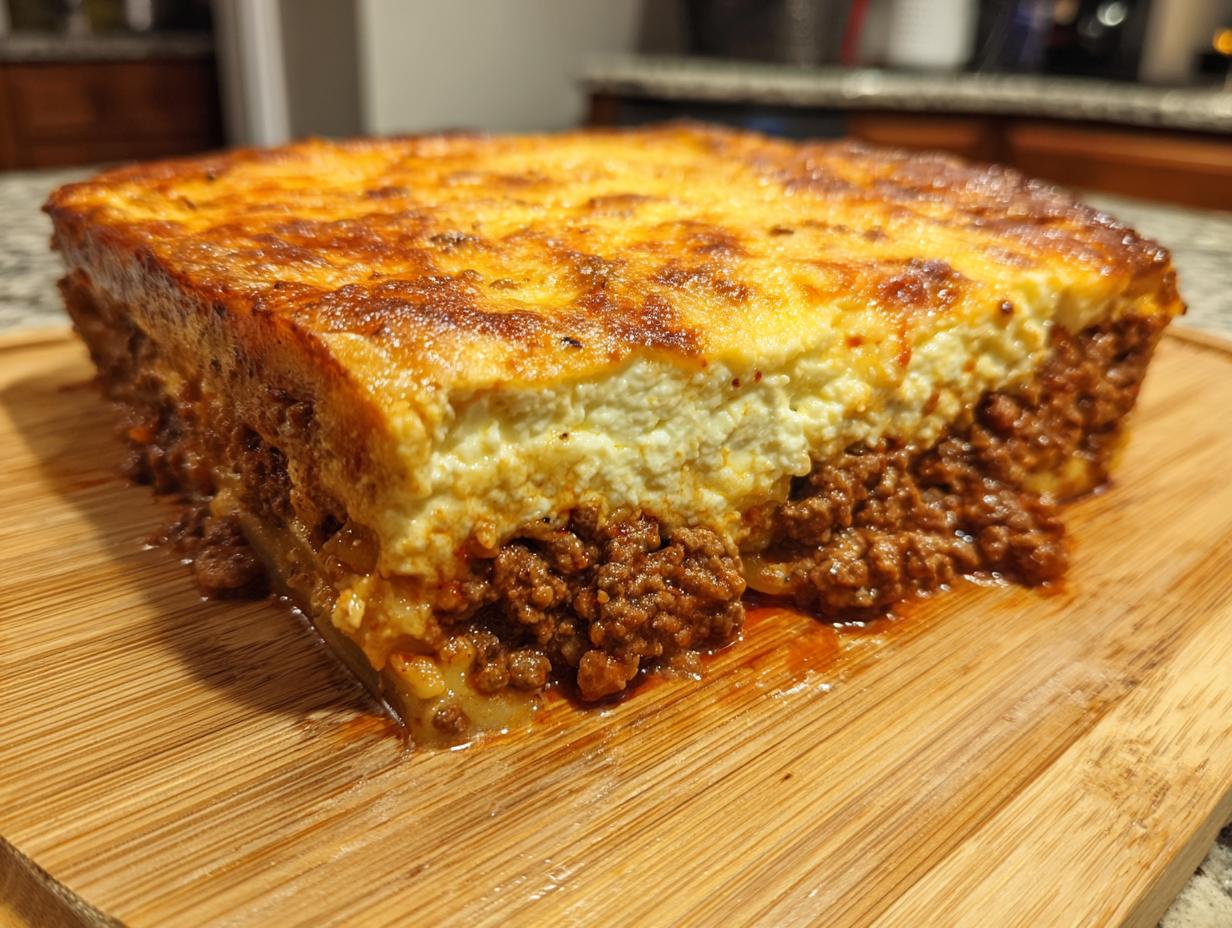 Ein dickes Stück Griechischer Nudelauflauf mit Hackfleischfüllung und goldbrauner Béchamelschicht auf Holzbrett.