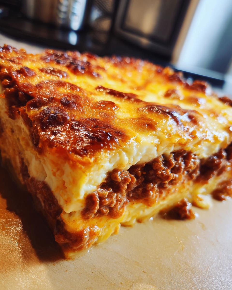 Nahaufnahme eines goldbraun gebackenen Stücks Griechischer Nudelauflauf mit Hackfleischfüllung und cremiger Béchamelschicht.