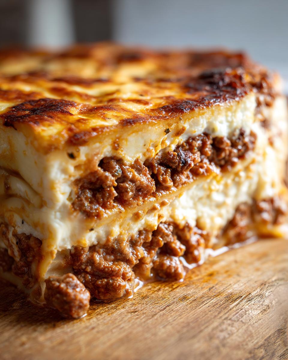 Nahaufnahme eines saftigen Stücks Griechischer Nudelauflauf mit Hackfleischfüllung und cremiger Béchamelsauce.