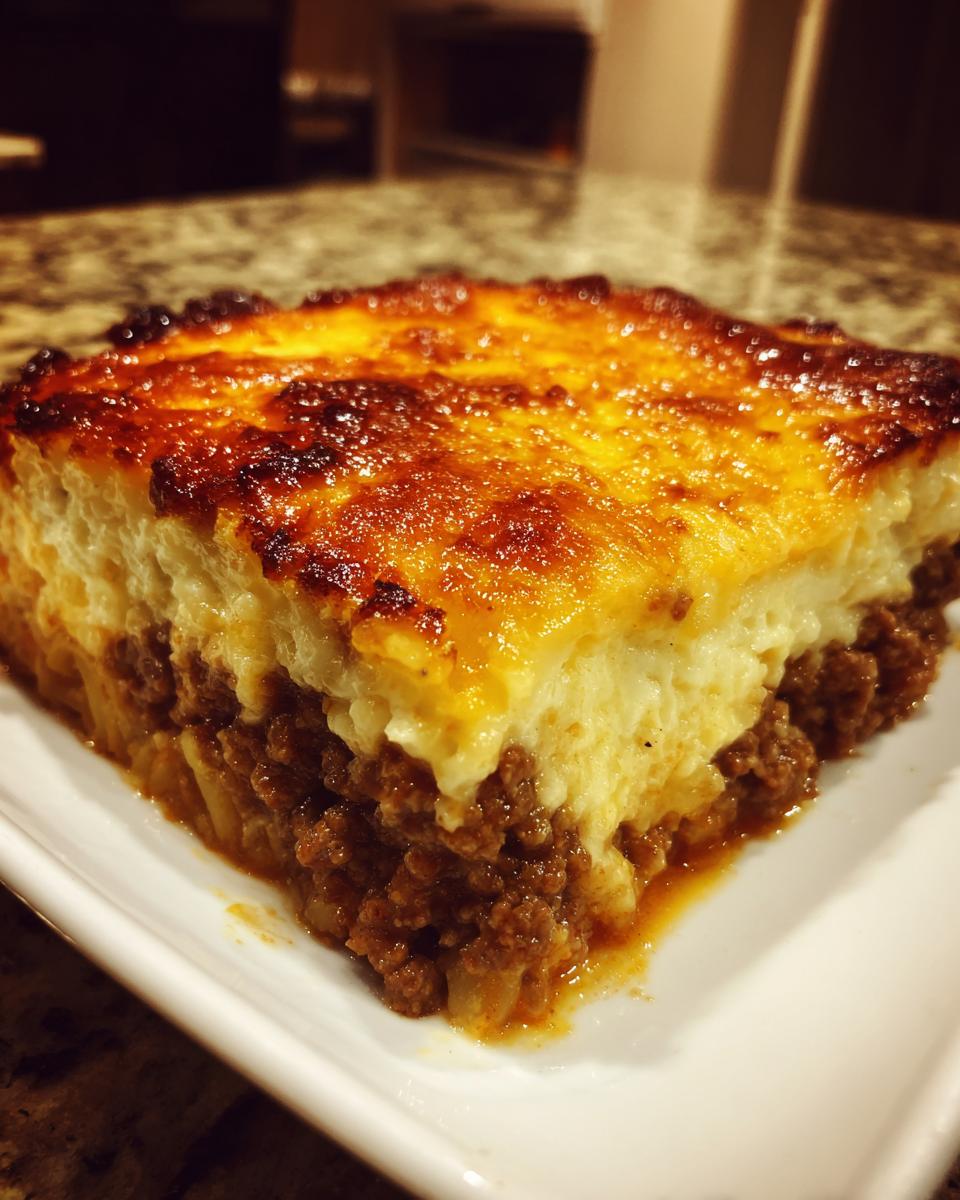 Nahaufnahme eines dicken Stücks Griechischer Nudelauflauf mit goldbraun überbackener Béchamelschicht und Hackfleischfüllung.