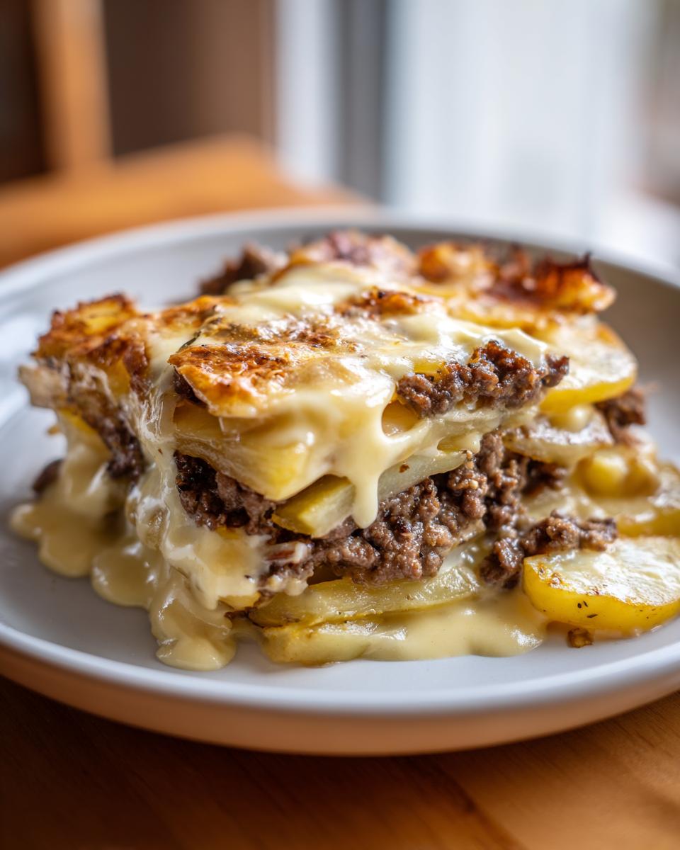 Ein saftiges Stück Gyrosauflauf mit Hollandaise, geschichtet mit Kartoffeln und Hackfleisch.