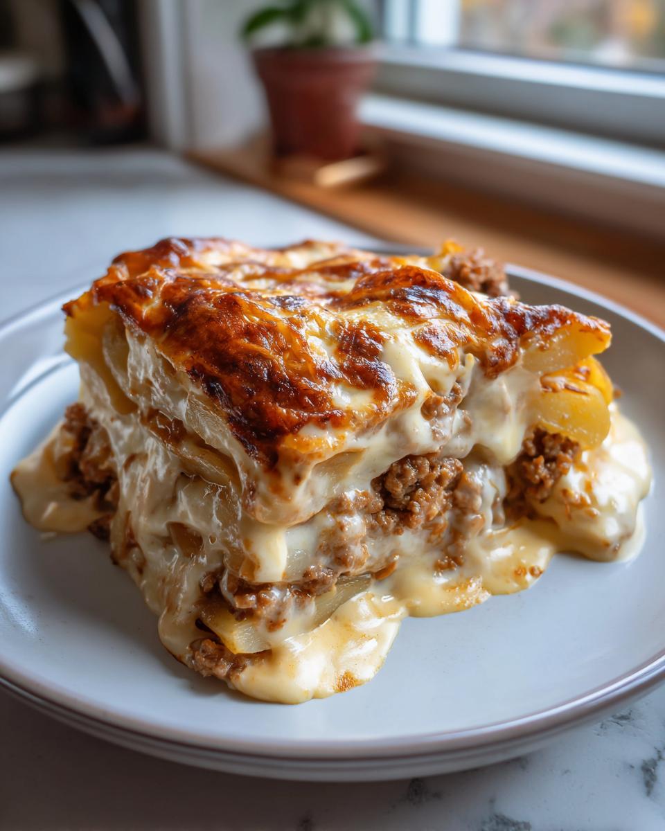 Ein saftiges Stück Gyrosauflauf mit Hollandaise, geschichtet mit Kartoffeln und Hackfleisch, goldbraun überbacken.