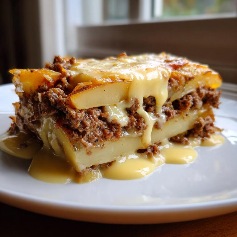 Ein saftiges Stück Gyrosauflauf mit Hollandaise, geschichtet mit Kartoffeln und Hackfleisch.