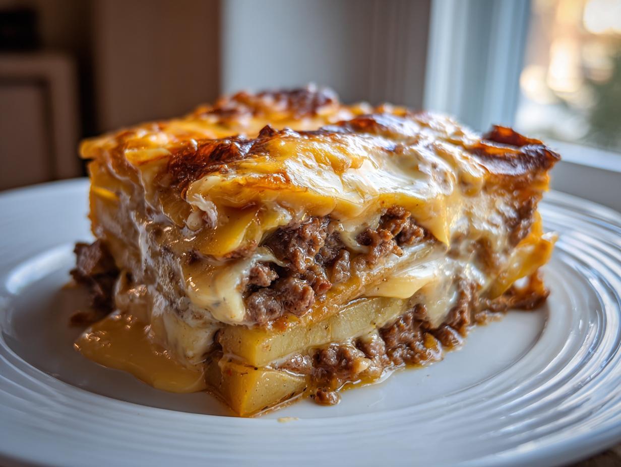 Ein saftiges Stück Gyrosauflauf mit Hollandaise, geschichtet mit Fleisch und Kartoffeln, auf einem weißen Teller.