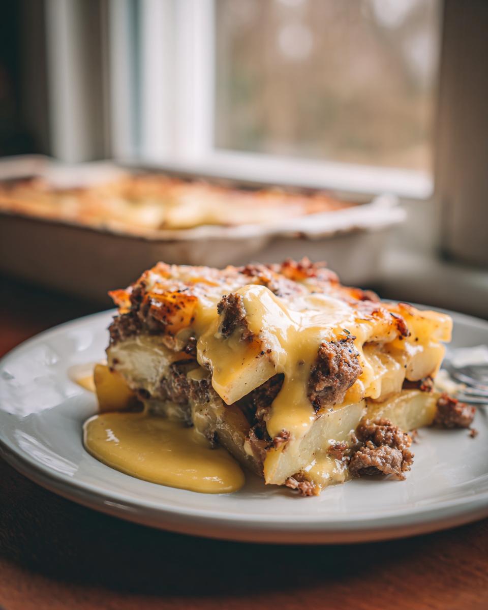 Ein großes Stück Gyrosauflauf mit Hollandaise, bestehend aus Kartoffeln und Hackfleisch, auf einem weißen Teller.