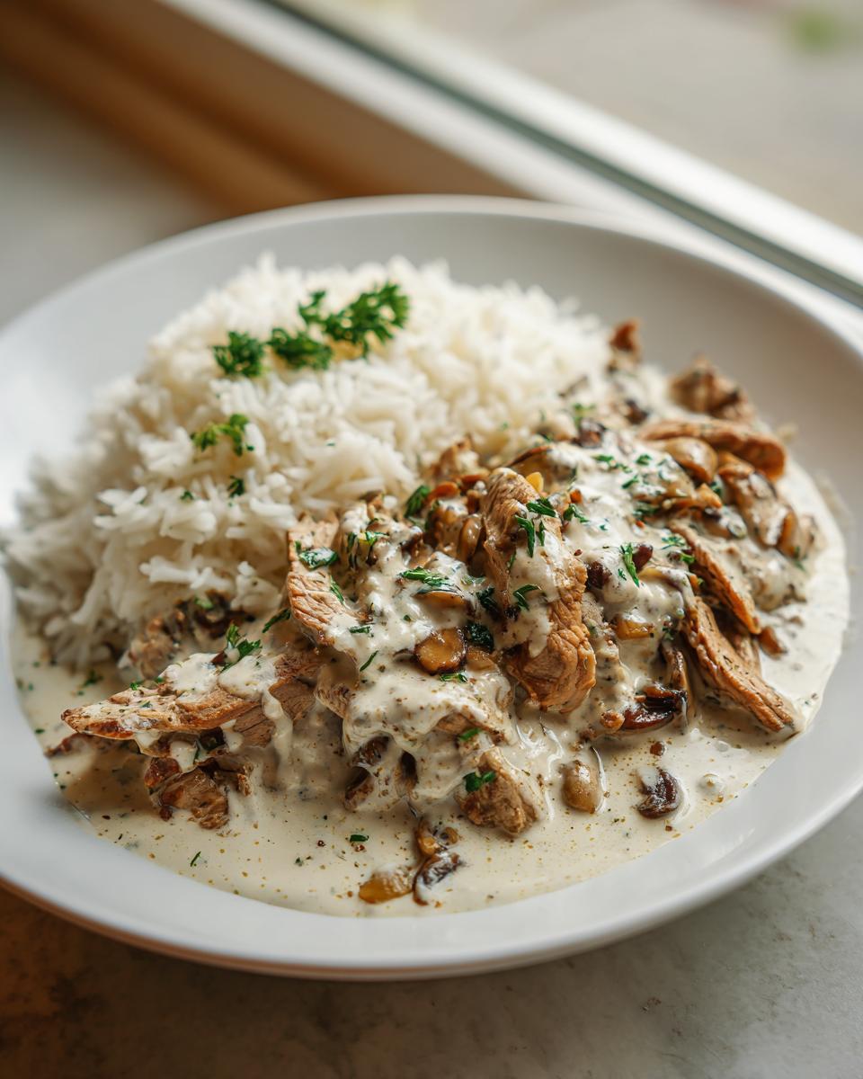Teller mit Gyrosgeschnetzeltes in Schmandsoße mit Reis, garniert mit Petersilie.