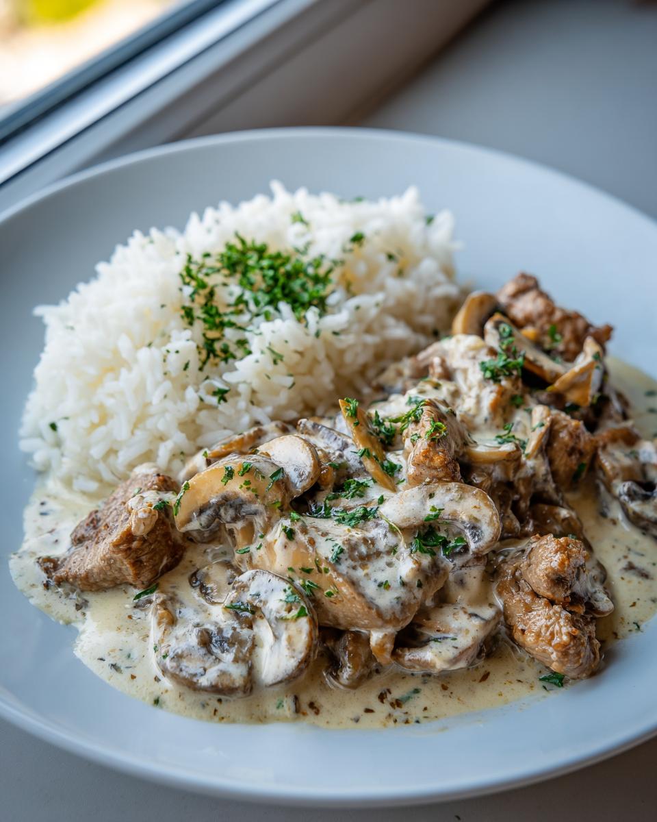 Teller mit Gyrosgeschnetzeltes in Schmandsoße mit Pilzen und einer Portion Reis, garniert mit Petersilie.