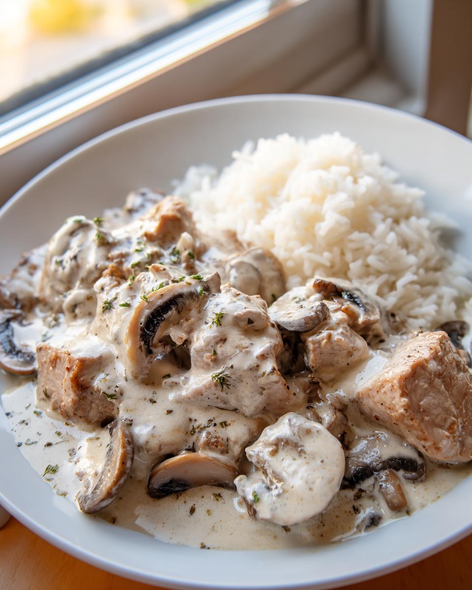 Teller mit Gyrosgeschnetzeltes in Schmandsoße mit Pilzen und einer Portion Reis.