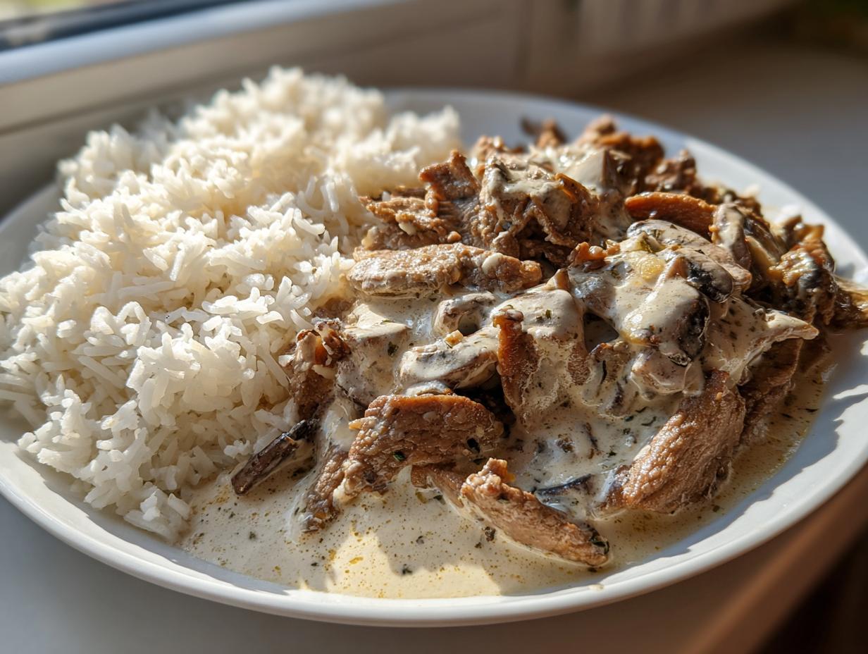 Teller mit saftigem Gyrosgeschnetzeltes in Schmandsoße und einer Portion lockerem Reis.