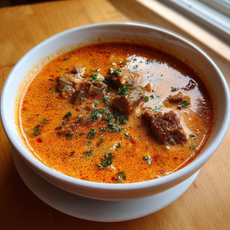 Eine Schüssel cremiger, oranger Gyrossuppe ganz einfach mit großen Fleischstücken und frischer Petersilie garniert.