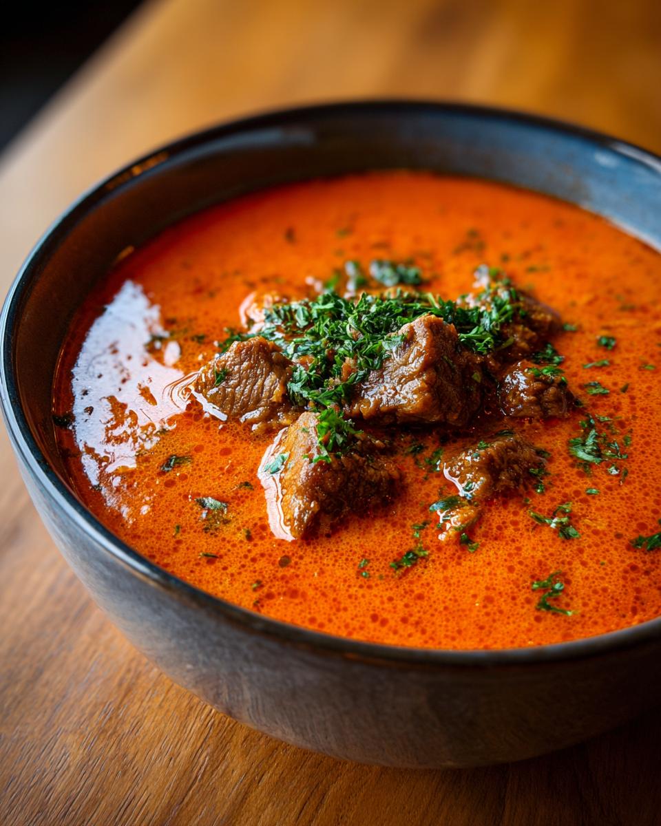 Nahaufnahme einer leuchtend orangefarbenen Gyrossuppe ganz einfach mit Fleischstücken und frischer Petersilie in einer dunklen Schüssel.