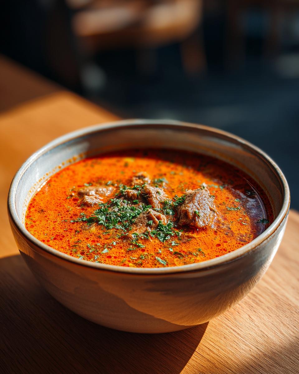 Eine Schüssel mit leuchtend oranger Gyrossuppe ganz einfach, garniert mit frischer Petersilie und Fleischstücken.