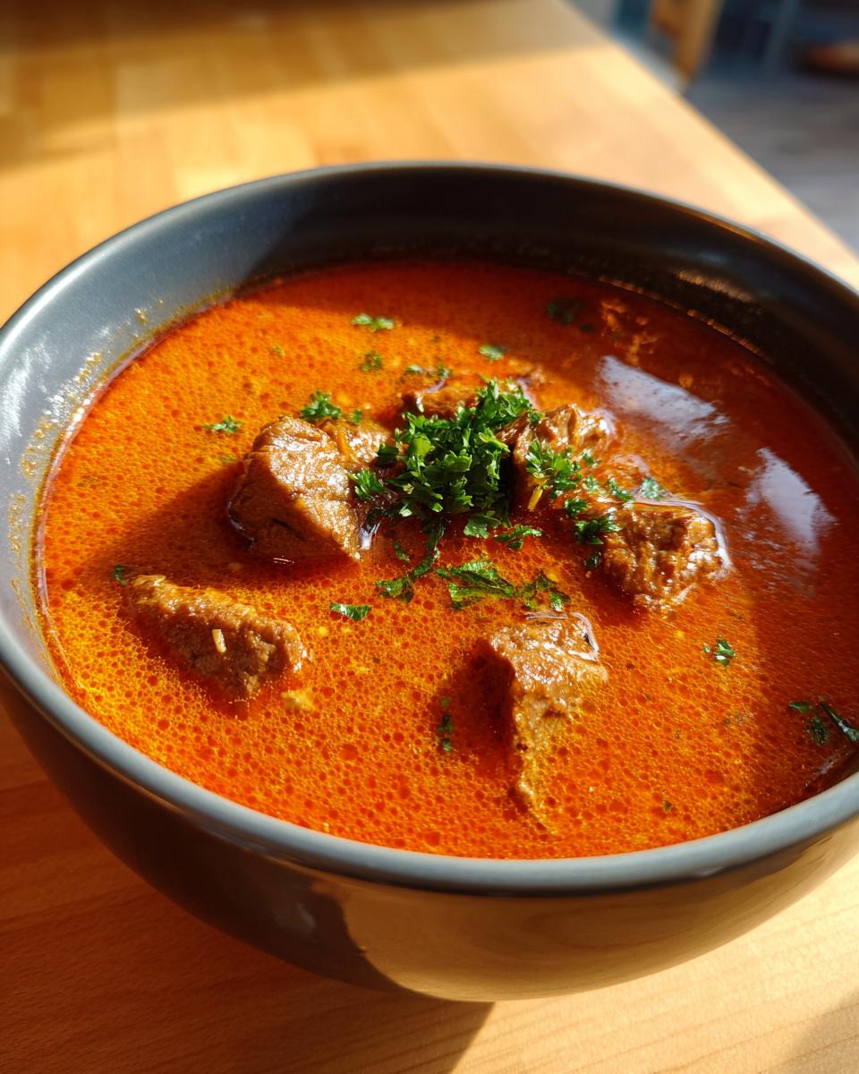 Nahaufnahme einer Schüssel mit leuchtend oranger Gyrossuppe ganz einfach, garniert mit frischer Petersilie.