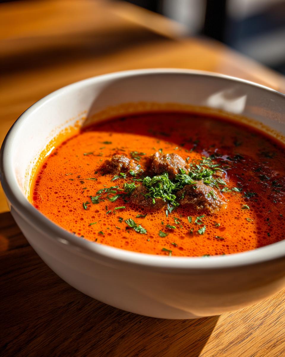 Nahaufnahme einer leuchtend orangefarbenen Gyrossuppe ganz einfach mit Fleischstücken und frischer Petersilie in einer weißen Schüssel.