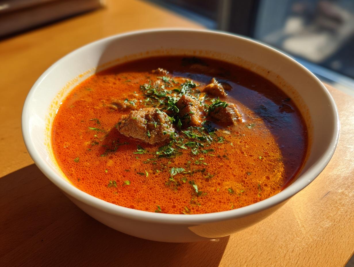 Nahaufnahme einer Schüssel mit leuchtend oranger Gyrossuppe ganz einfach, garniert mit Fleischstücken und Petersilie.