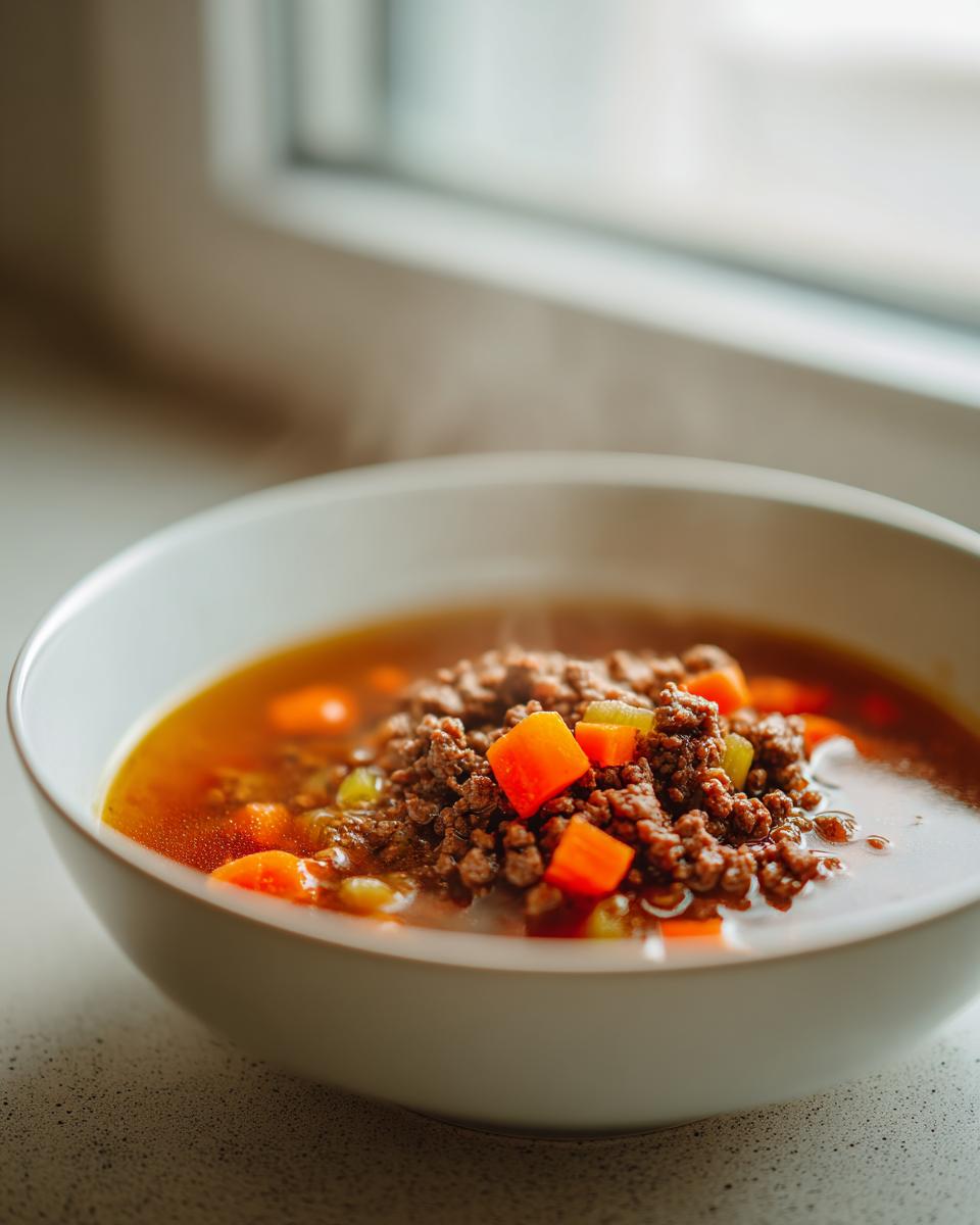 Nahaufnahme einer dampfenden Schüssel Hamburger Suppe mit 500g Hackfleisch und Karottenwürfeln.