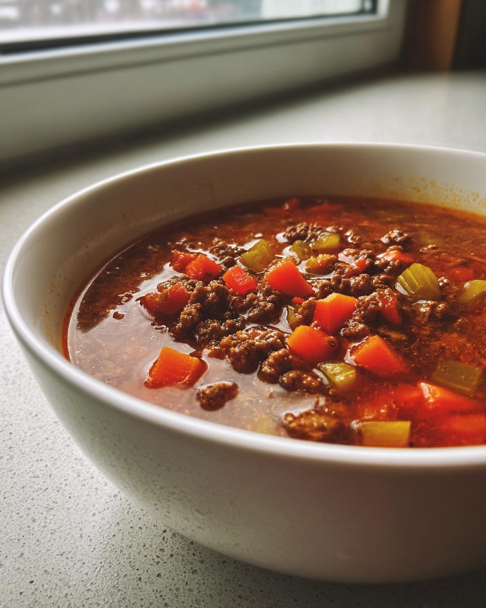 Nahaufnahme einer Schüssel Hamburger Suppe mit 500g Hackfleisch, Karotten und Sellerie in einer reichhaltigen Brühe.