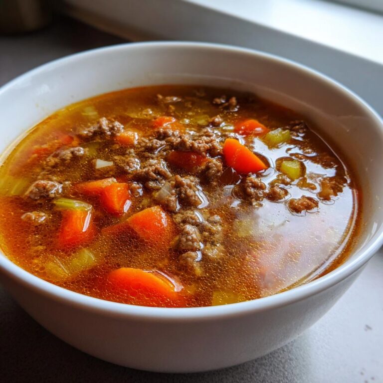 Nahaufnahme einer dampfenden Schüssel Hamburger Suppe mit 500g Hackfleisch, Karottenstücken und Sellerie.