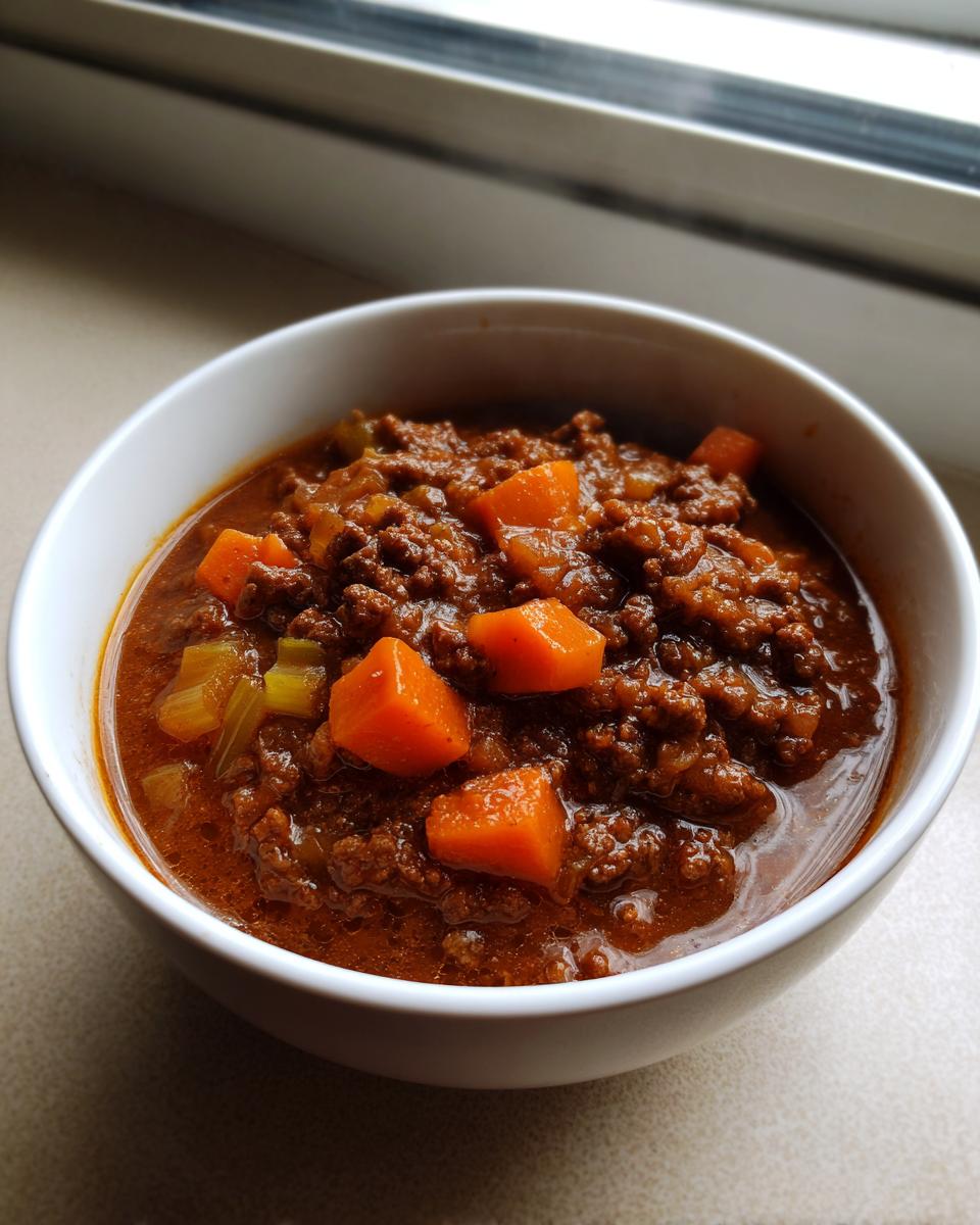 Eine Schüssel dampfender Hamburger Suppe mit 500g Hackfleisch, Karottenstücken und Sellerie.