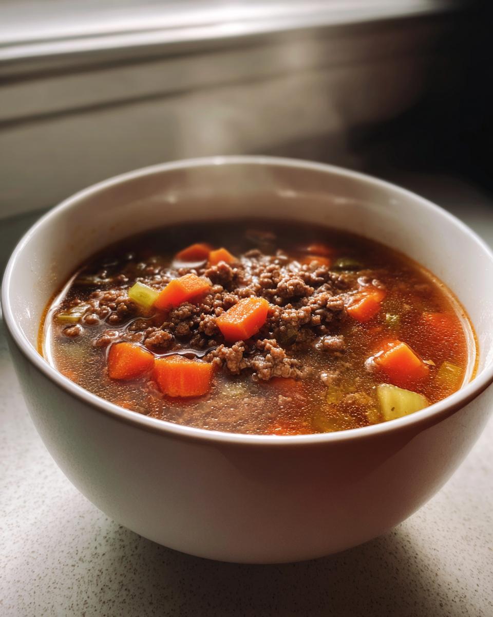 Eine dampfende Schüssel Hamburger Suppe mit 500g Hackfleisch, Karottenwürfeln und Sellerie.