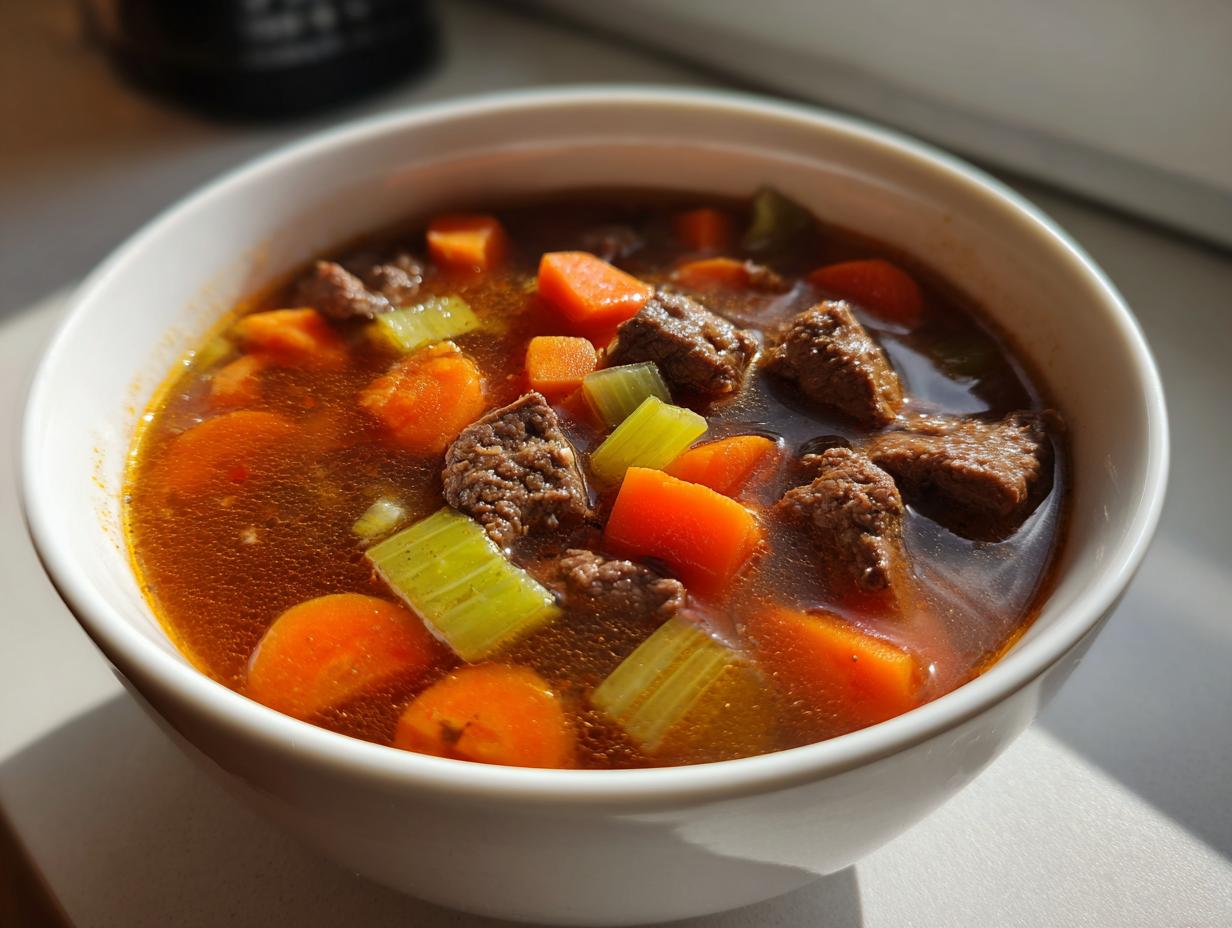Nahaufnahme einer weißen Schüssel mit herzhafter Hamburger Suppe mit 500g Hackfleisch, Karotten und Sellerie.