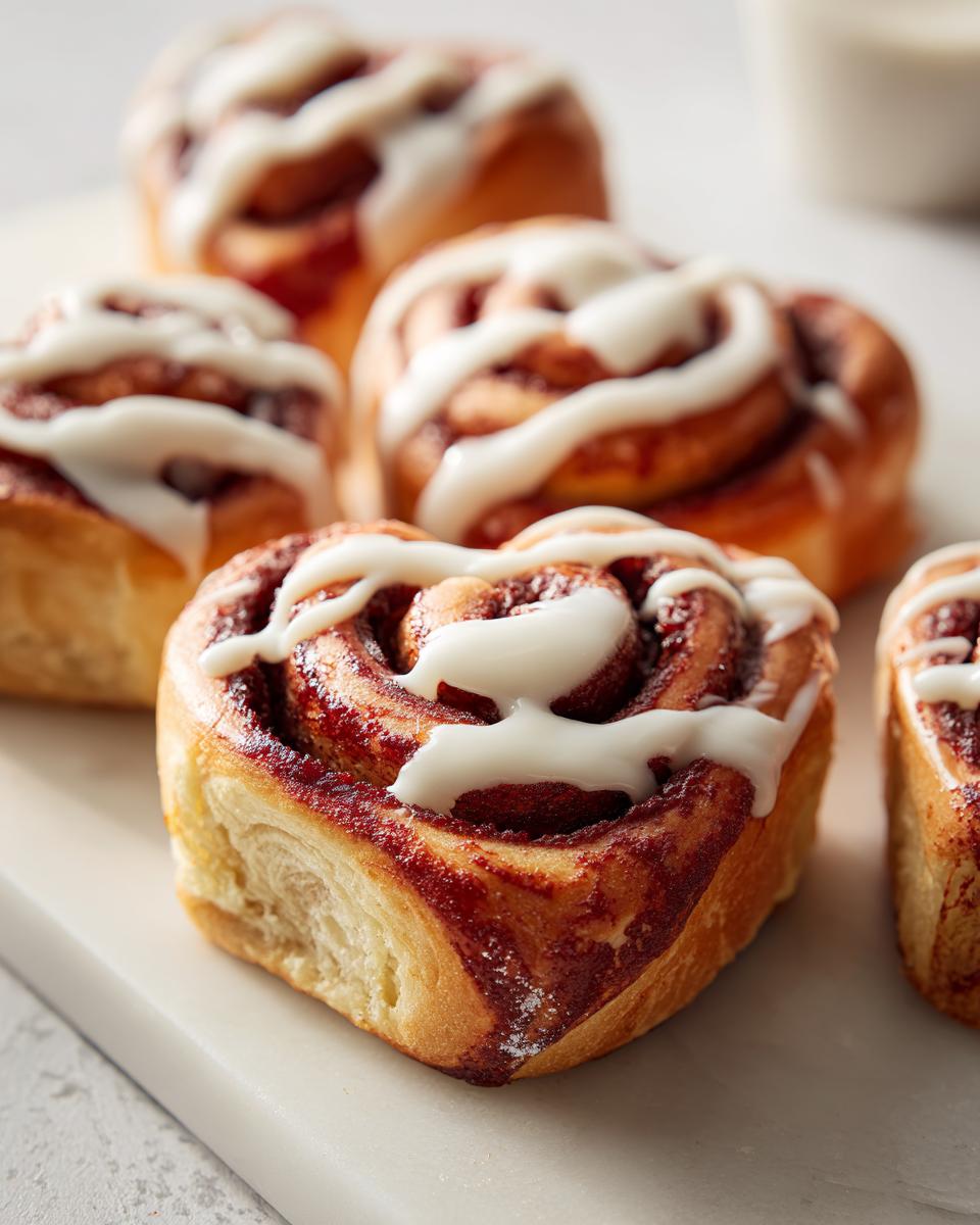 Nahaufnahme von mehreren herzförmigen Teigtaschen (Zimtschnecken) mit weißem Zuckerguss, ideal für Herzform Teigtaschen Valentinstag.