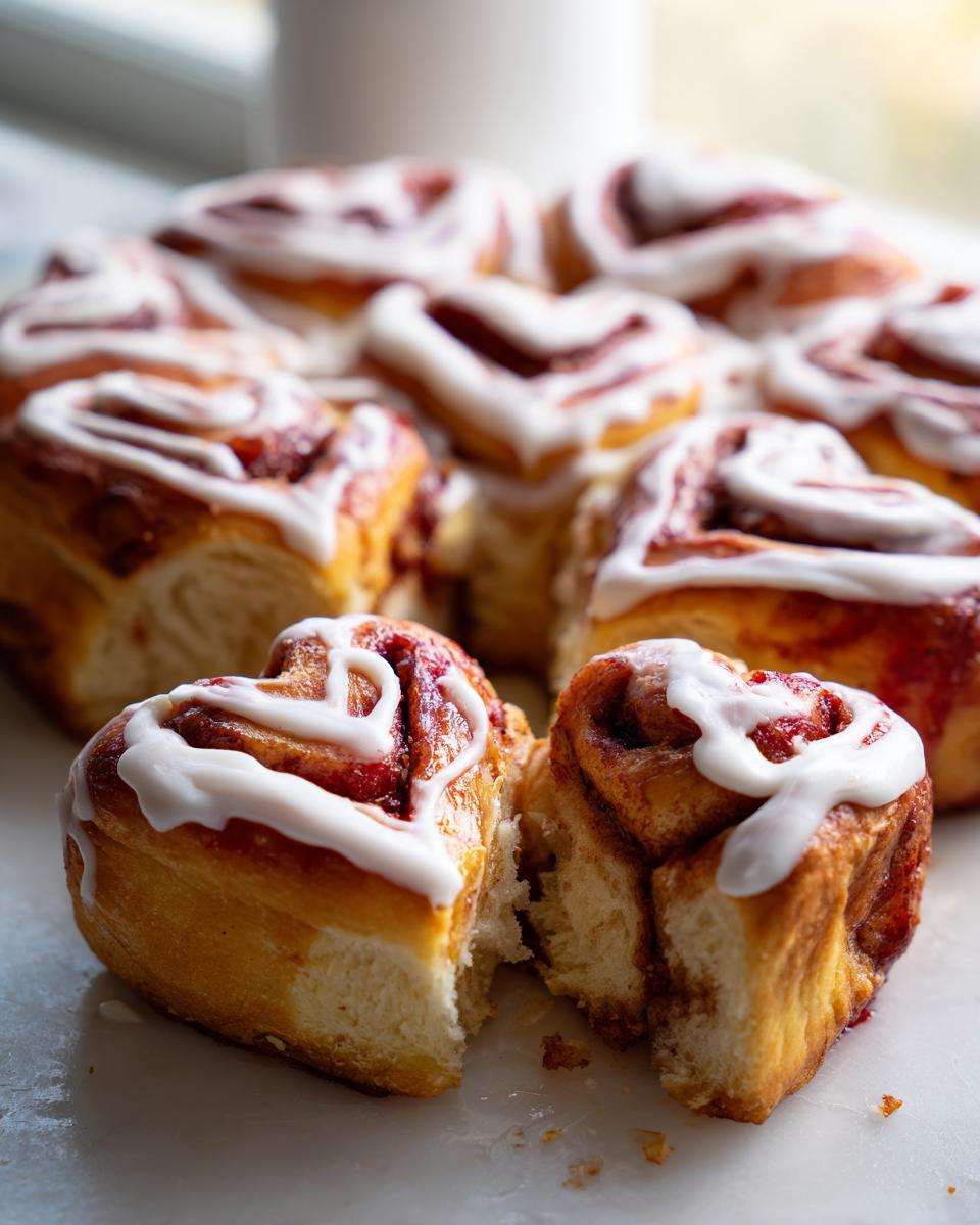 Nahaufnahme von süßen Herzform Teigtaschen Valentinstag, bestrichen mit weißem Zuckerguss.