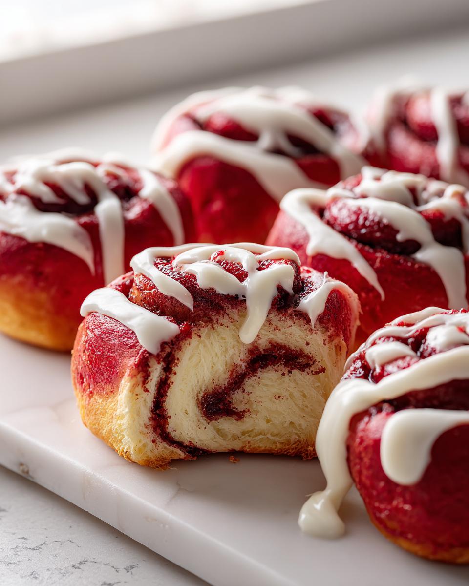 Rote, herzförmige Teigtaschen (Zimtschnecken-Optik) mit weißem Zuckerguss, ideal für Valentinstag.