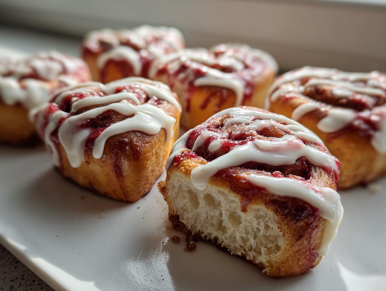 Nahaufnahme von fluffigen Herzform Teigtaschen Valentinstag mit roter Füllung und weißem Zuckerguss.