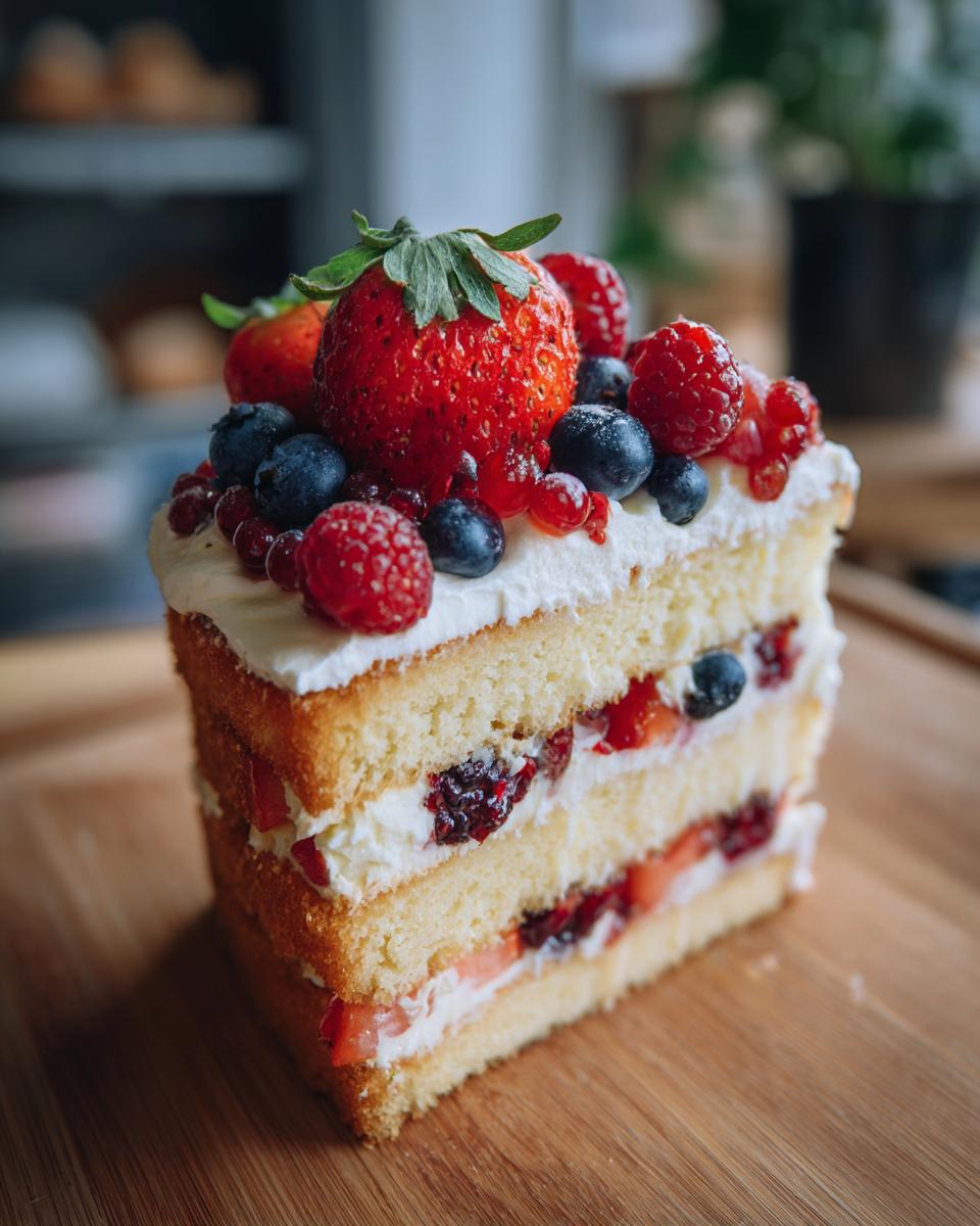 Nahaufnahme eines Stücks Hochzeitstorten mit Früchten, bestehend aus mehreren Schichten Biskuit, Sahne und frischen Beeren.