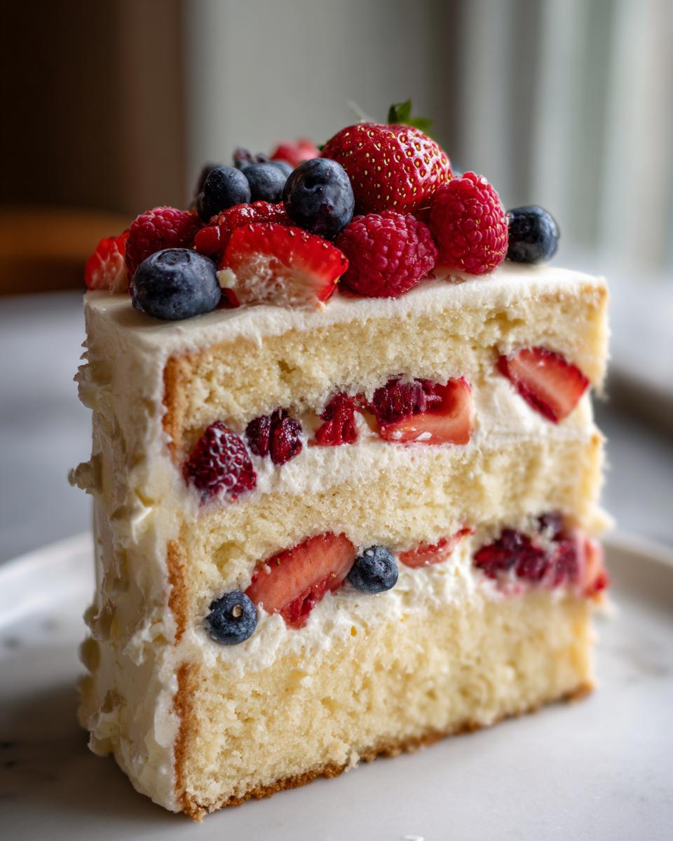 Nahaufnahme eines Stücks mehrschichtiger Hochzeitstorten mit Früchten, gefüllt mit Sahne, Erdbeeren und Blaubeeren.