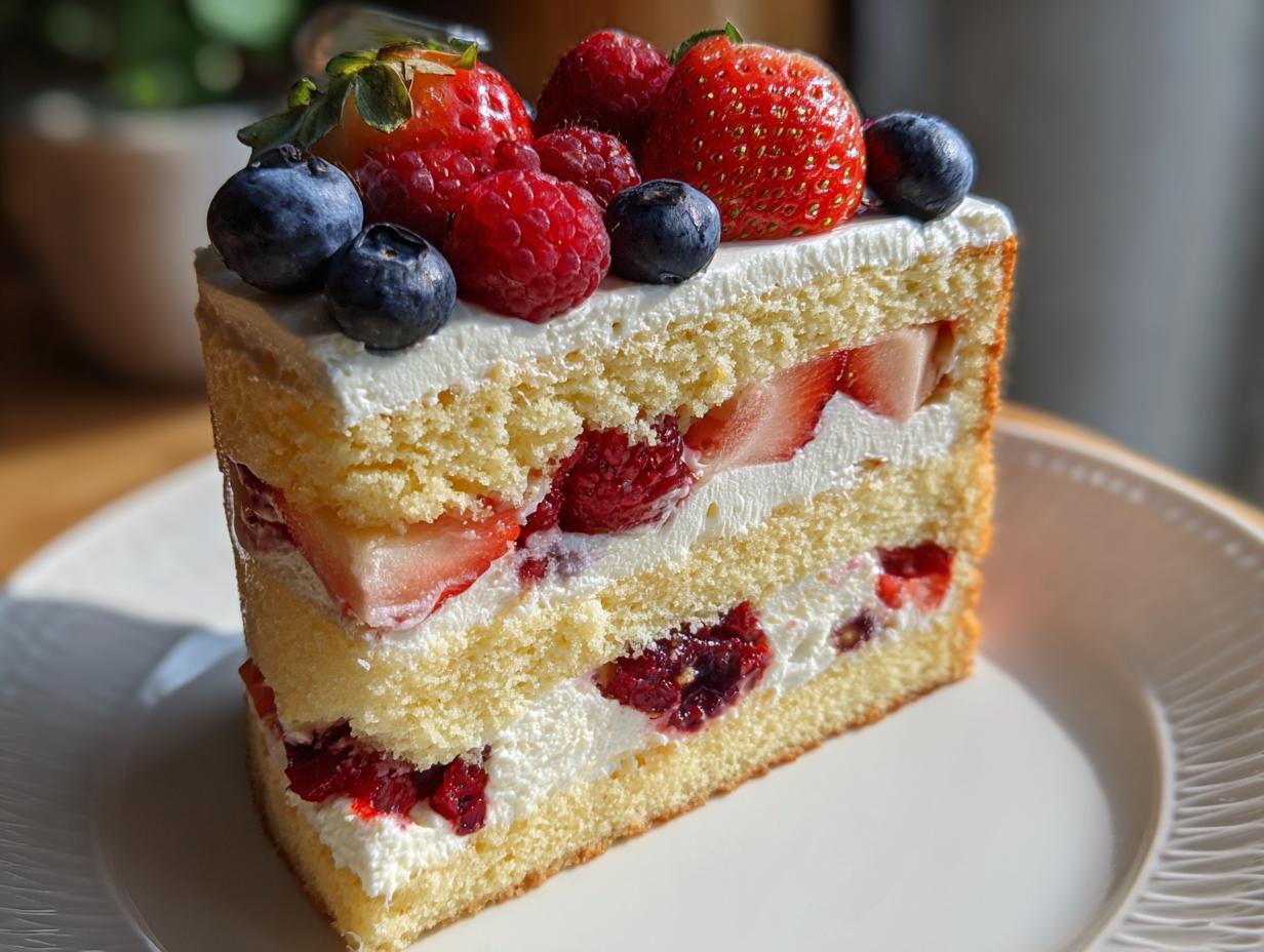Nahaufnahme eines Stücks mehrschichtiger Hochzeitstorten mit Früchten, gefüllt mit Sahne, Erdbeeren und Beeren.