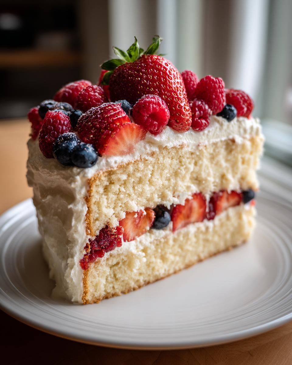 Nahaufnahme eines Stücks Hochzeitstorten mit Früchten, gefüllt mit Erdbeeren, Himbeeren und Blaubeeren.