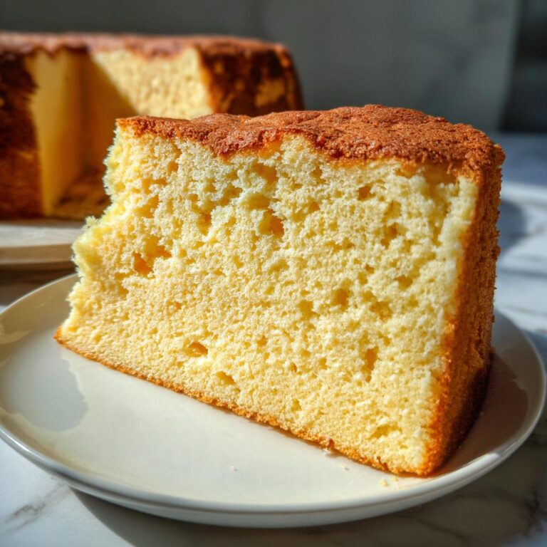 Nahaufnahme eines hohen Kuchenschnitts, der die luftige Textur des Hohen Biskuitbodens zum zweifachen Teilen zeigt.