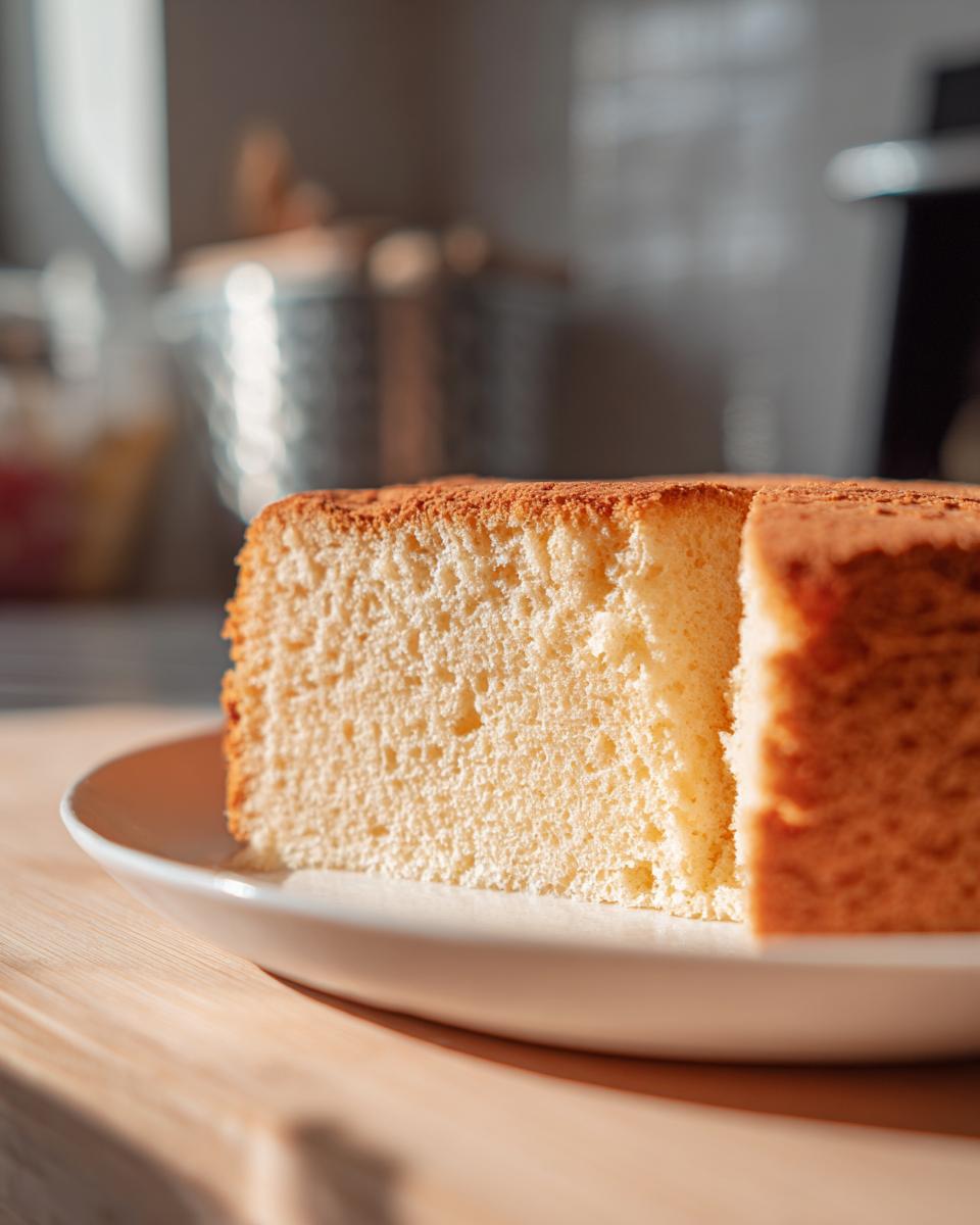 Nahaufnahme eines dicken Stücks Hoher Biskuitboden zum zweifachen Teilen mit feiner Krume auf einem weißen Teller.
