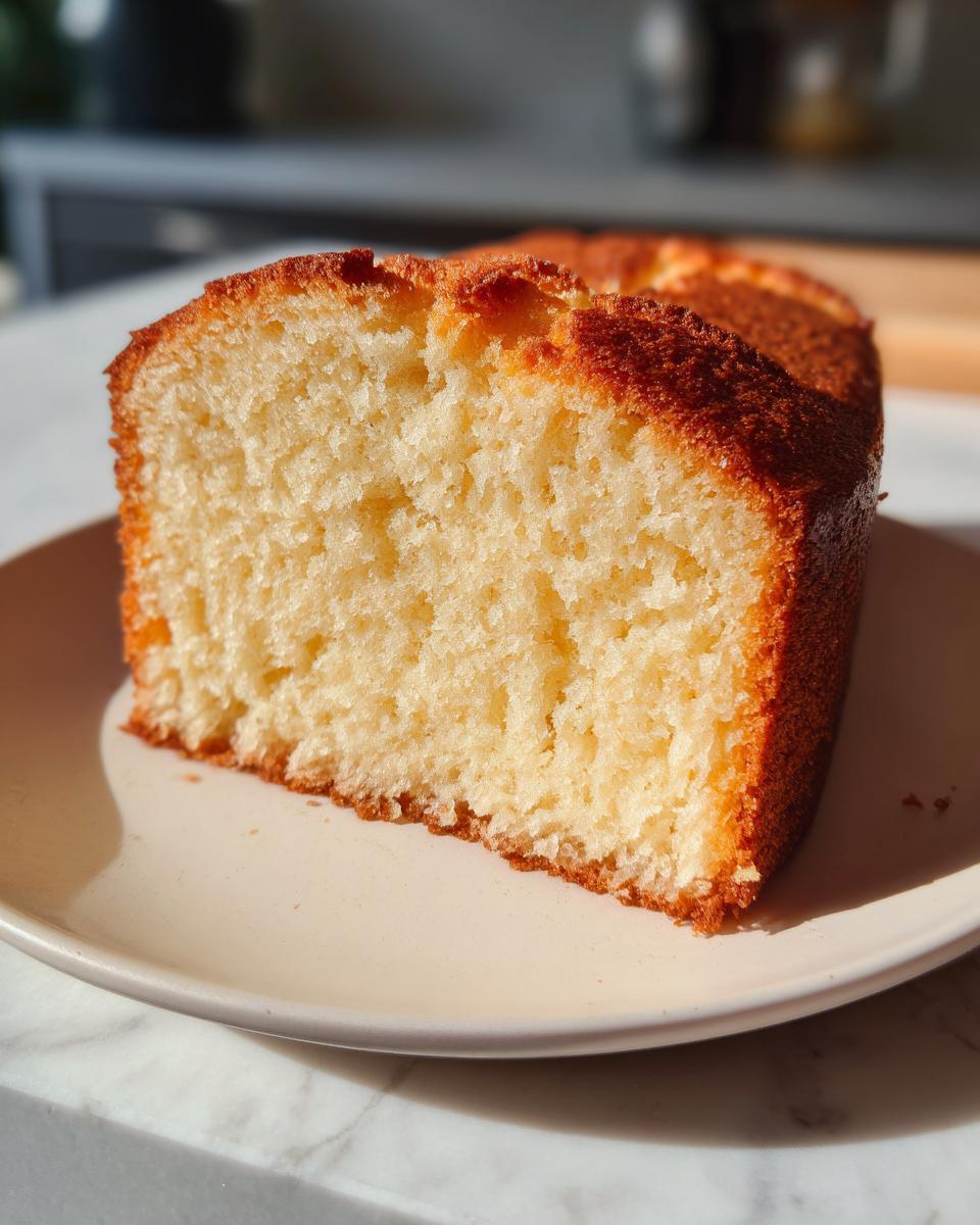 Nahaufnahme eines dicken Stücks Hoher Biskuitboden zum zweifachen Teilen mit goldbrauner Kruste.