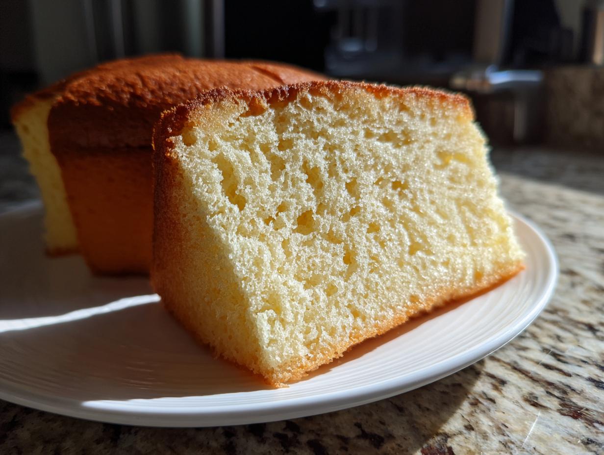 Nahaufnahme eines dicken Stücks Hoher Biskuitboden zum zweifachen Teilen mit lockerer, luftiger Krume.