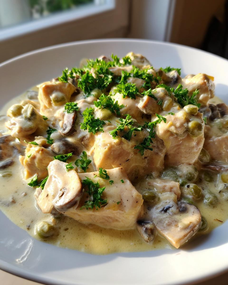 Nahaufnahme von cremigem Hühnerfrikassee Rezept klassisch von Mama mit Pilzen, Erbsen und Petersilie.