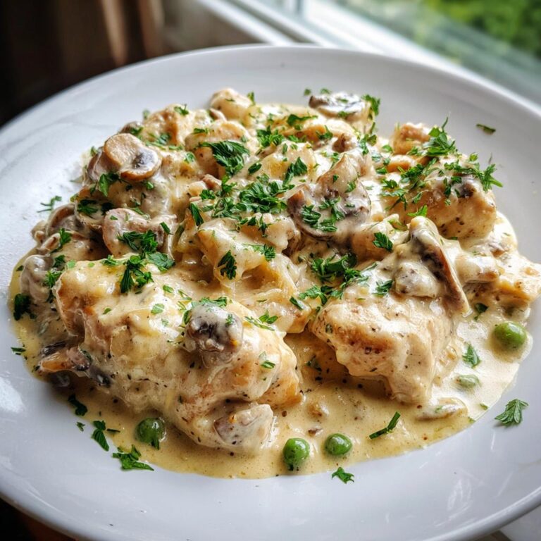 Nahaufnahme von cremigem Hühnerfrikassee Rezept klassisch von Mama mit Pilzen, Erbsen und Petersilie.