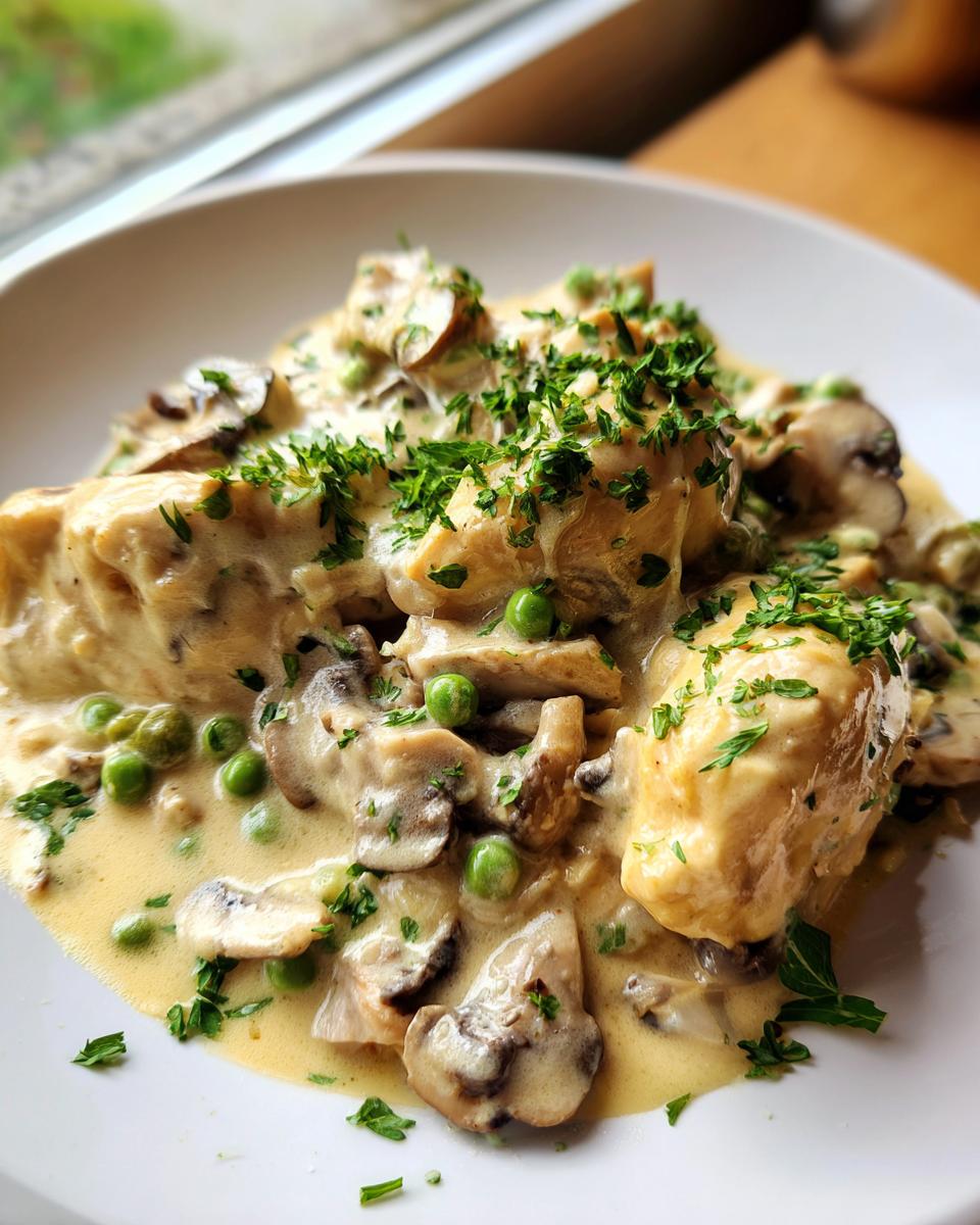 Nahaufnahme von Hühnerfrikassee Rezept klassisch von Mama mit Pilzen, Erbsen und Petersilie in cremiger Sauce.