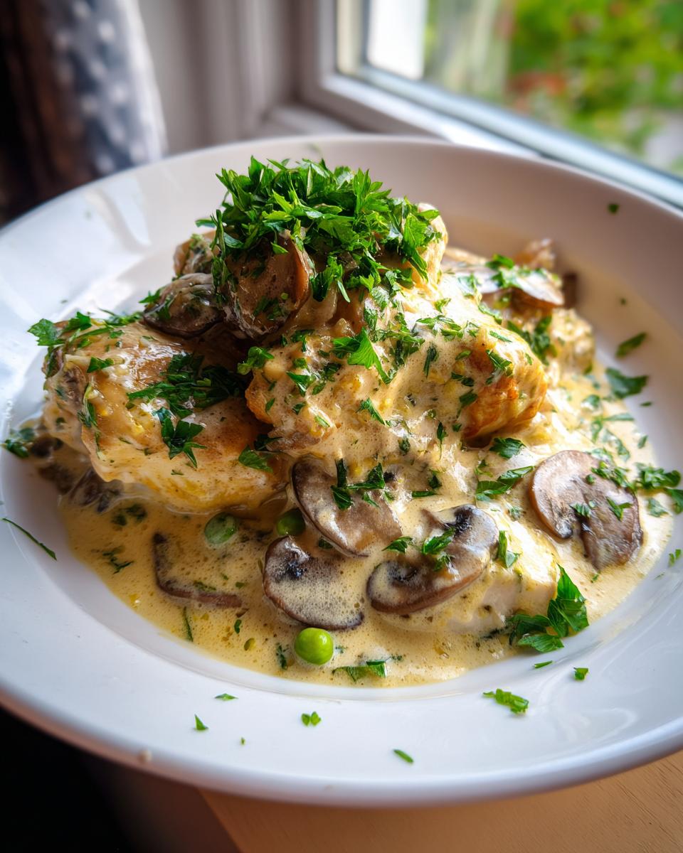 Teller mit cremigem Hühnerfrikassee Rezept klassisch von Mama, garniert mit Champignons und frischer Petersilie.