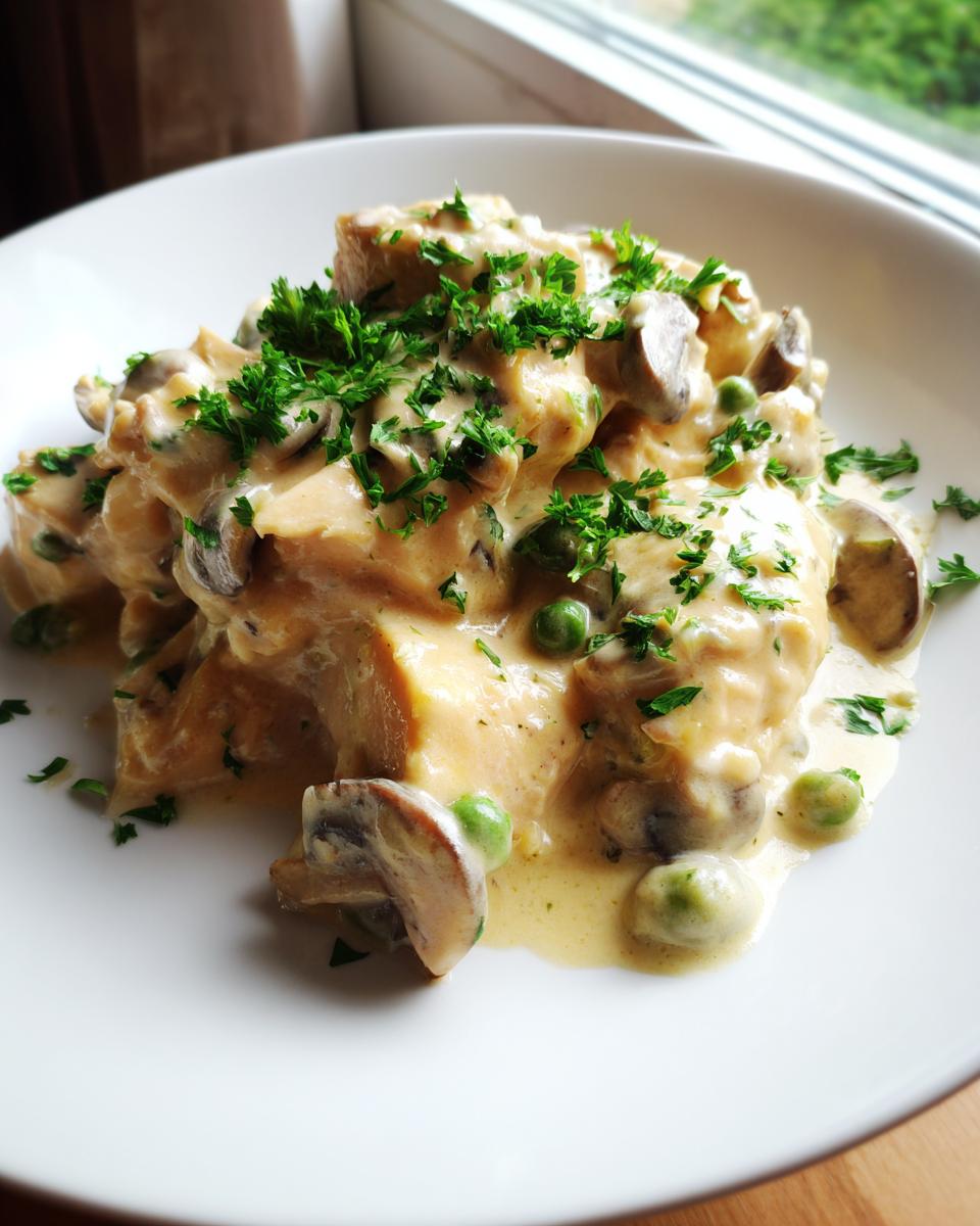 Ein Teller mit klassischem Hühnerfrikassee Rezept von Mama, bedeckt mit Pilzen, Erbsen und Petersilie.